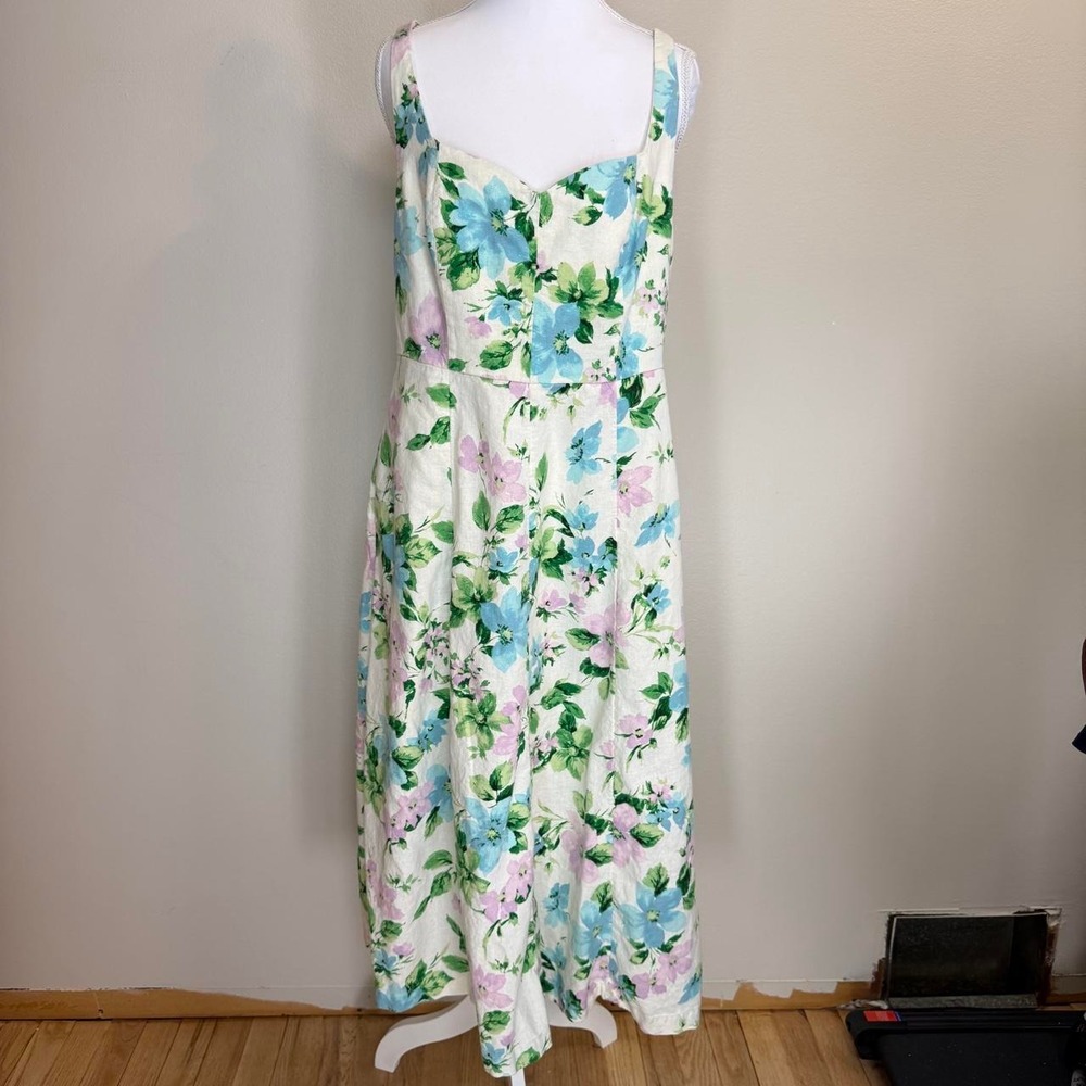 Old Navy Linen Blend Fit & Flare Midi Dress Floral Womens L Cottagecore Fairy